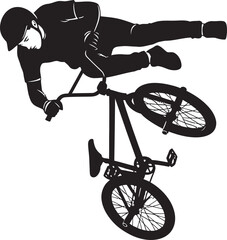 Fototapeta premium Epic black silhouette vector of a BMX rider mid-air performing a dangerous stunt. Dynamic overhead view captures extreme action sport, freestyle biking, and high-flying tricks.