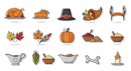 thanksgiving flat design icons set including turkey pumpkin leaves and food on white background for holiday celebration