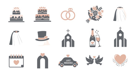 A collection of wedding icons in gray and peach colors on a white background, featuring symbols like cakes, rings, churches, and hearts, representing various aspects of a marriage celebration.