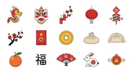 Chinese new year symbols and icons for lunar celebration, including dragon, lantern, and prosperity elements on white background with red and gold colors