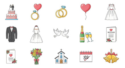 Collection of wedding planning icons and symbols for invitations and decorations in colorful illustration style on white background