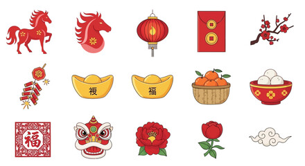 Chinese new year festival decorations and symbols on white background, including horse, lantern, lion dance, flowers, and food, in red and gold colors, for celebration and cultural traditions.