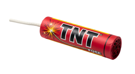 A red cylindrical tnt explosive with a white fuse and black background