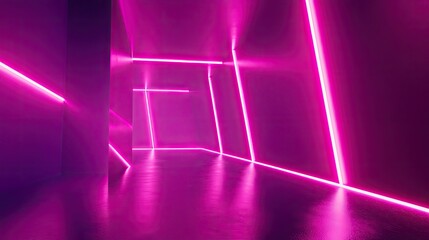 Abstract vibrant pink neon light strips illuminate a futuristic geometric tunnel with reflective surfaces, creating an immersive and dynamic visual design concept