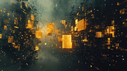 Abstract network concept showing numerous glowing orange rectangular data blocks moving through a dark, textured digital space, symbolizing information transfer and technology