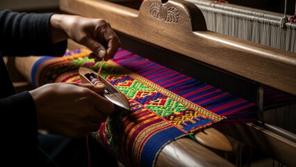 Close-up of a person's hands weaving a colorful textile on a wooden loom, a traditional craft
