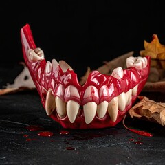 A spooky, bloody set of false teeth amidst autumn leaves