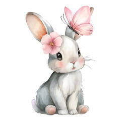 Cute watercolor rabbit illustration with delicate pink flower and butterfly enhancing themes of springtime, childhood, innocence, and charming nature, with transparent background