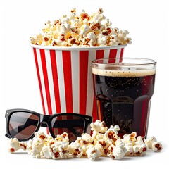 Cinema experience popcorn, drink, 3D glasses, on white background