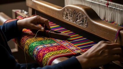 Close-up of a person weaving a colorful textile on a traditional wooden loom, showcasing intricate patterns and skilled craftsmanship