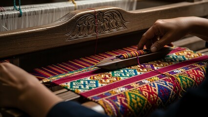 Close-up of hands weaving a colorful textile on a traditional loom, intricate patterns emerging from the threads