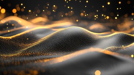 Dynamic abstract background featuring a flowing grid of shimmering gold particles forming a wave like surface, creating a sense of energy, technology, and interconnected data on a dark backdrop