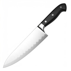 Shiny, sharp chef's knife with black handle against a white background