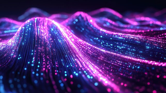 Abstract stream of light particles moving in a vibrant wave pattern, representing concepts of big data, network communication, digital technology, and high speed information transfer - Powered by Adobe