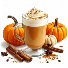 A pumpkin spice drink with whipped cream, pumpkins, and cinnamon sticks