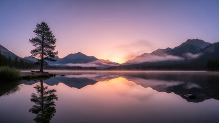 Peaceful sunrise over a calm lake with misty mountains reflecting in the water