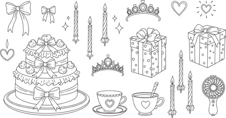 Bow and Ribbon Coquette Birthday Set in Hand Drawn Line Arts.