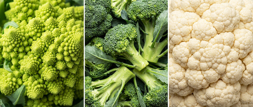 Image divided into three parts with romanesco broccoli, broccoli and cauliflower, for healthy eating