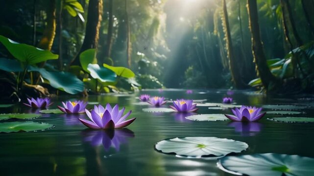 Violet Lotus in Tropical Rainforest Pond