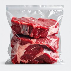 Two raw steaks stacked in a transparent vacuum-sealed bag