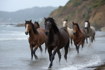 Obraz premium A powerful group of horses races joyfully across the shoreline, splashing through the gentle waves, showcasing their beauty and freedom amid a tranquil coastal backdrop.