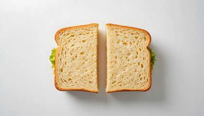 Top-down view of a classic sandwich cut in half, neatly arranged on a plain white surface.