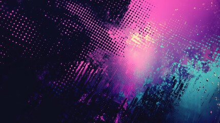 Dynamic abstract grunge background featuring halftone patterns, scratched textures and a vivid black to pink purple blue gradient for neon, synthwave, retro inspired designs
