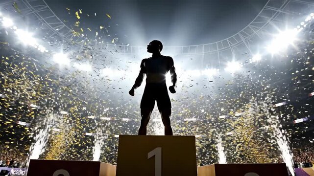 A champion athlete celebrates victory on the first-place podium. Silhouetted winner in a stadium with falling confetti and fireworks. Success and achievement in sports