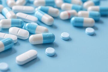 Pills are scattered on a blue surface with some in focus and others blurred. The layout shows different shapes and sizes of pain relief medication commonly used