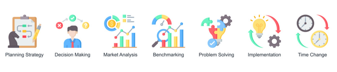 Strategy and decision-making web banner icon vector illustration for business management with planning strategy, benchmarking, problem solving, implementation, and decision-making icons.