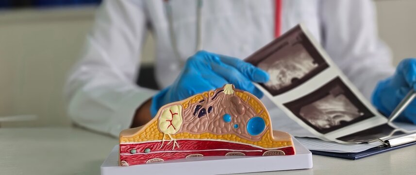 Mammologist examines result of mammographic examination of breast using x-ray scan concept