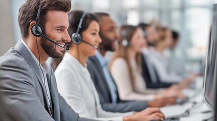 Team members work together in a call center during a busy weekday morning
