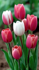 Obraz premium Bright pink and white tulips bloom in a vibrant garden, showcasing nature's beauty in high definition
