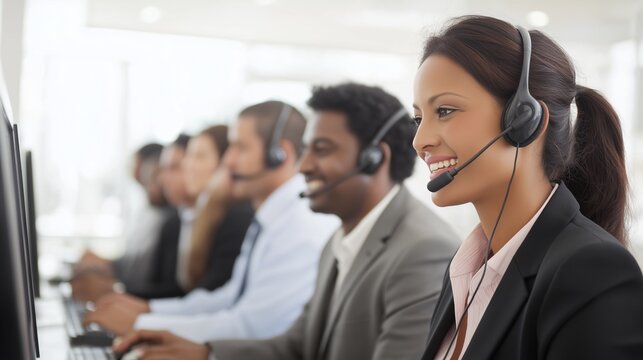 Call center staff assist customers while using headsets during work hours