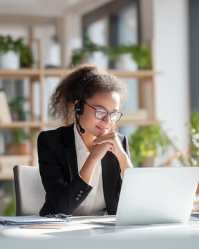 Woman using laptop while wearing headset in office setting, engaging in work tasks during daytime hours