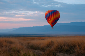 Obraz premium A striking hot air balloon with vivid colors gracefully floats above a picturesque landscape during dawn, symbolizing adventure, freedom, and the beauty of exploration in the great outdoors.