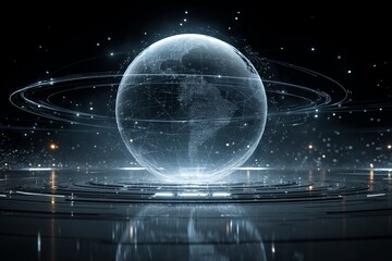 Digital globe with network connections and glowing rings in a dark background during a futuristic setting