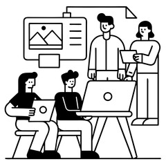 Startup team collaborating in modern office with laptops and large screen display showing mountain landscape and charts