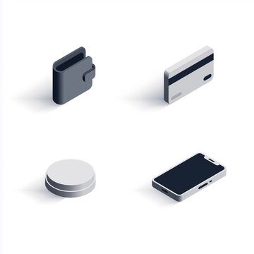 Wallet, card, coin, and smartphone placed on a simple background showing everyday items in a modern setting