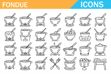 Line style fondue icon set with pots forks and cookware