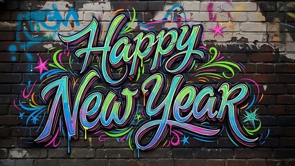 Vibrant graffiti Happy New Year message on urban brick wall background