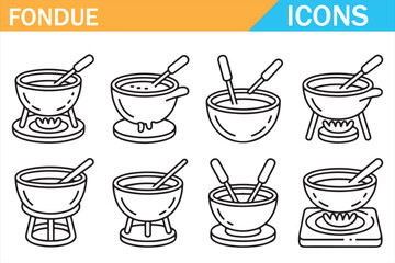 Fondue pot and utensil icons outline food illustration collection