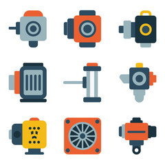 Fototapeta premium Industrial motor and actuator icon set, servo motor gearbox fan pump equipment, automation machinery, flat vector illustration