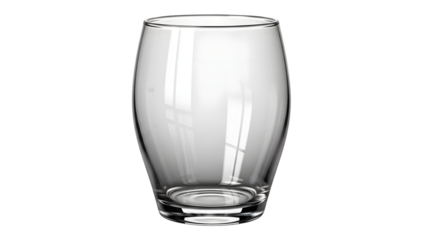 A clear glass tumbler with a rounded base and flared rim sits in the center against a white background