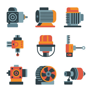 Electric motor icon set, industrial machine motors fans compressors drives, factory equipment symbols, flat vector illustration