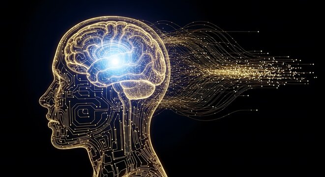 Golden wireframe human head with glowing brain suitable for ai concepts. This digital mind intelligence illustration represents machine learning and data.