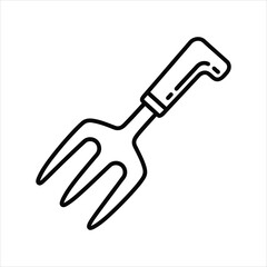 Black and White Line Icon of a Three-Tine Hand Cultivator Fork for Soil Tilling