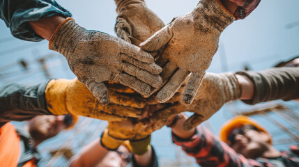 Low angle shot of construction workers stacking hands with protective gloves, symbolizing teamwork and unity on a building site