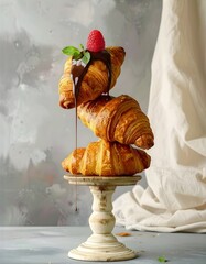 Zauberhaft arrangierte Croissants auf einer Etagere mit Schokoladenguss ,Minze und Himbeere. Stillleben.