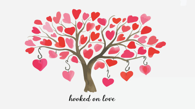 Minimalist tree with branch ends shaped like hearts in various pink and red hues on white background for valentine's day